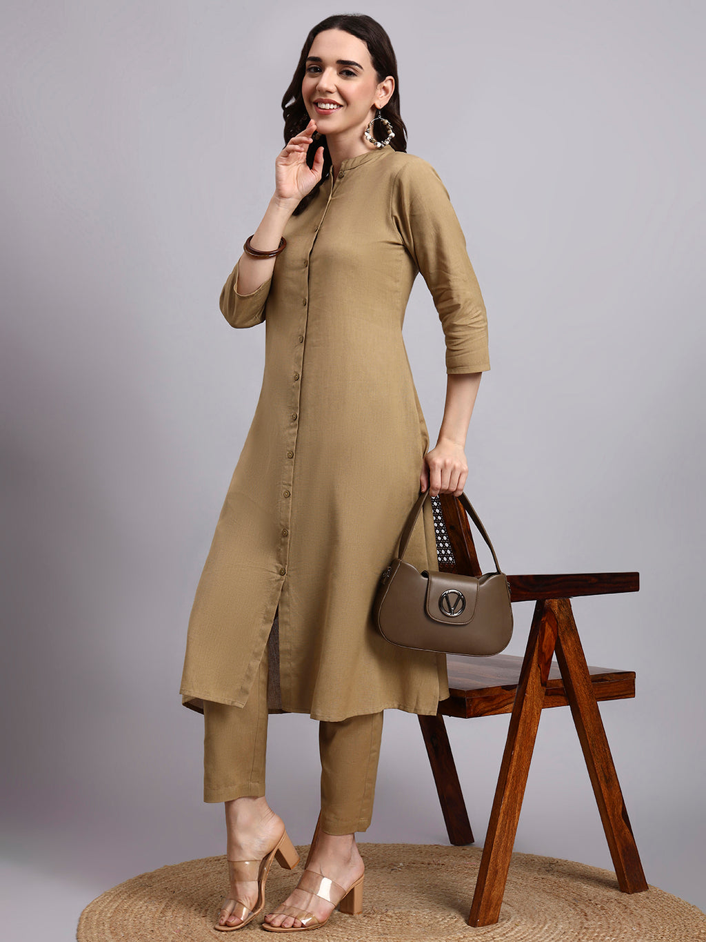 Women Khaki Plain Cotton flex Kurta pant set