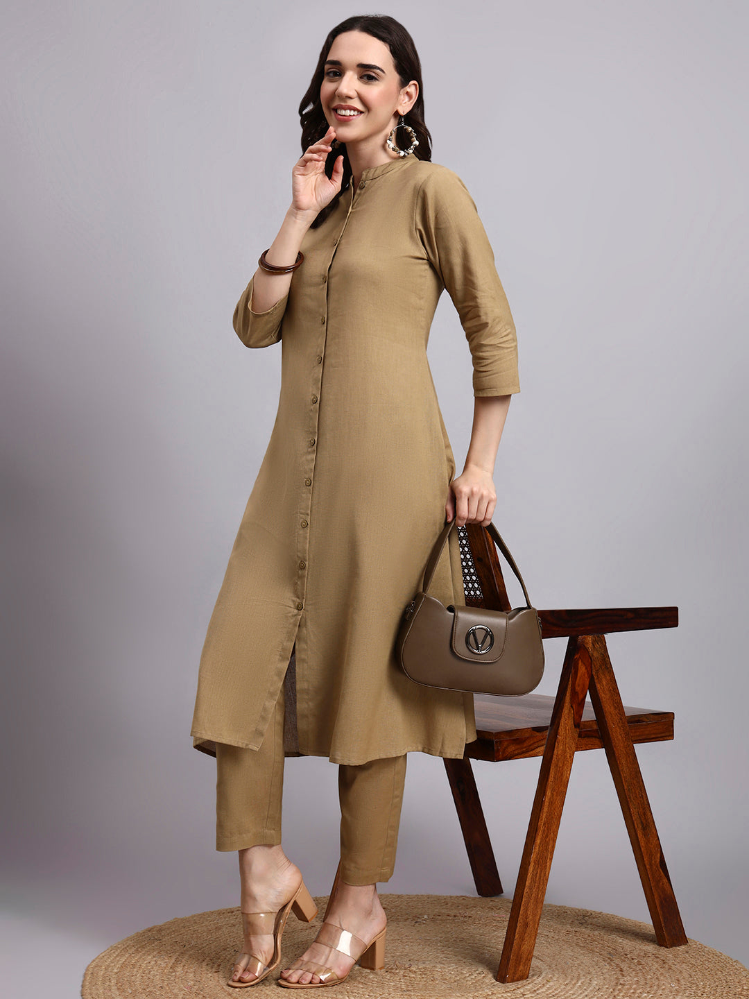 Women Khaki Plain Cotton flex Kurta pant set