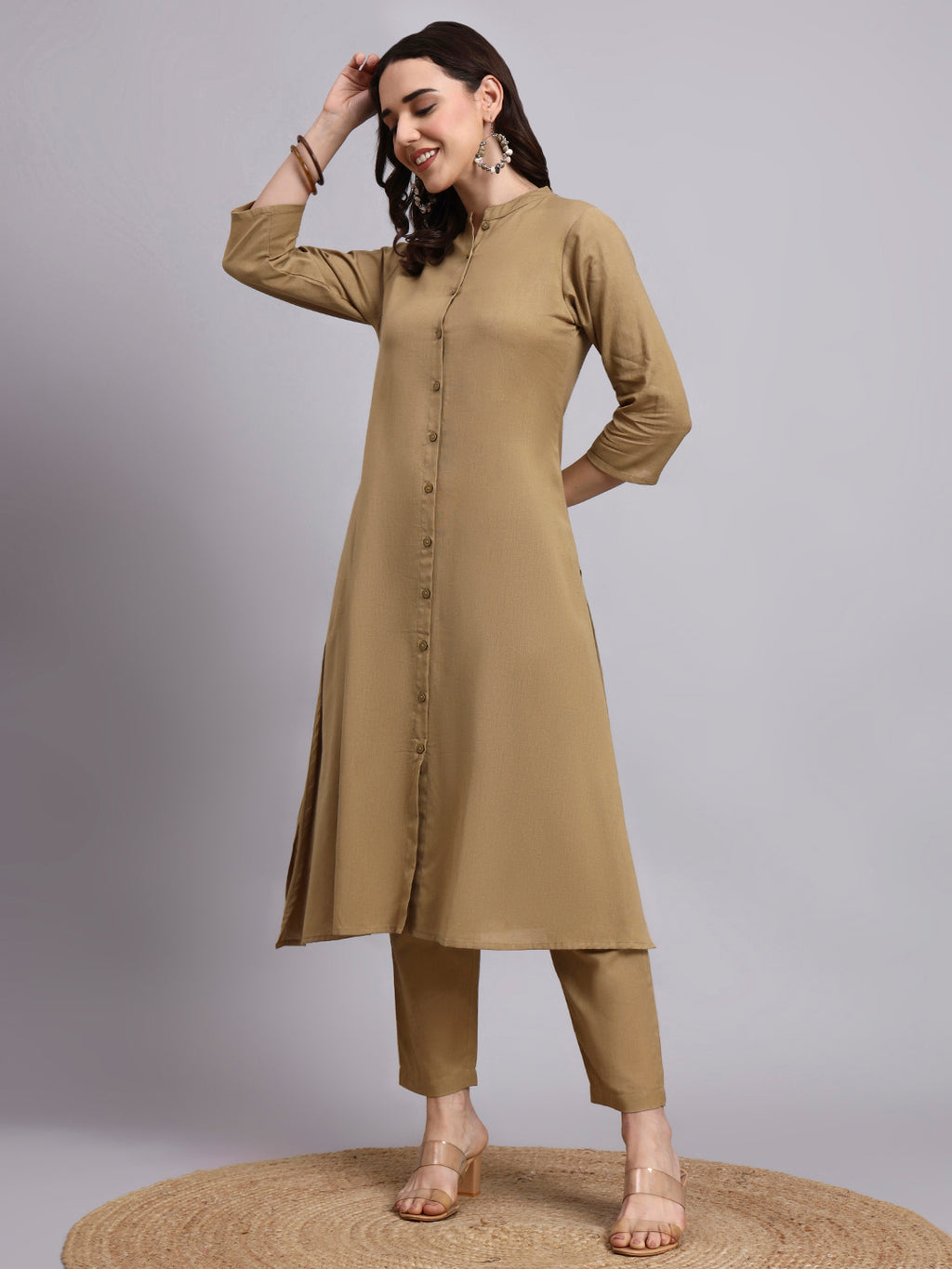 Women Khaki Plain Cotton flex Kurta pant set