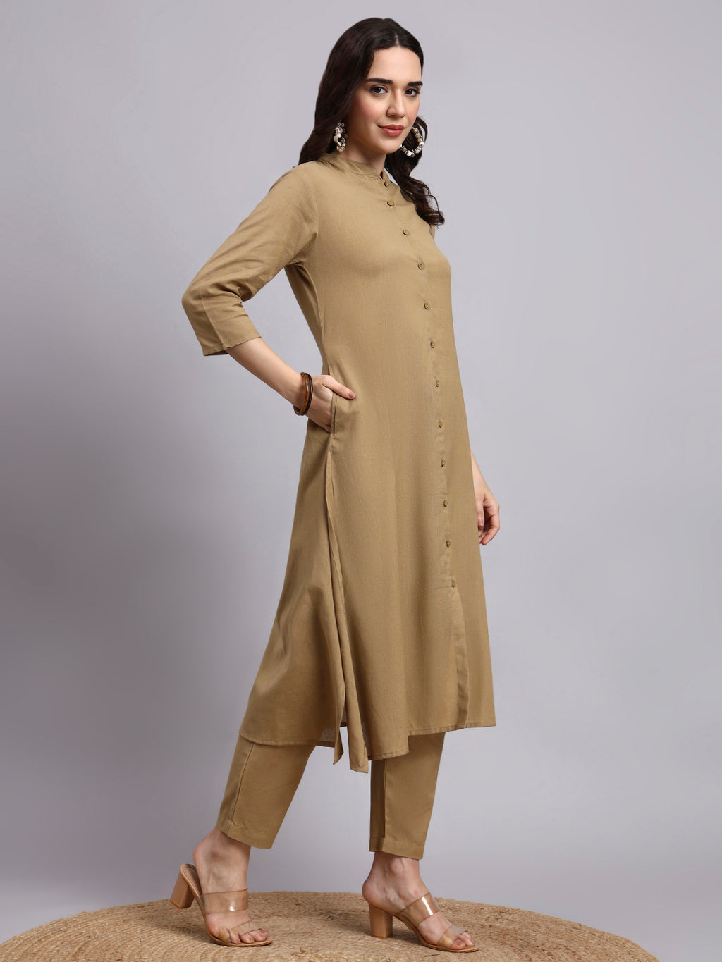 Women Khaki Plain Cotton flex Kurta pant set