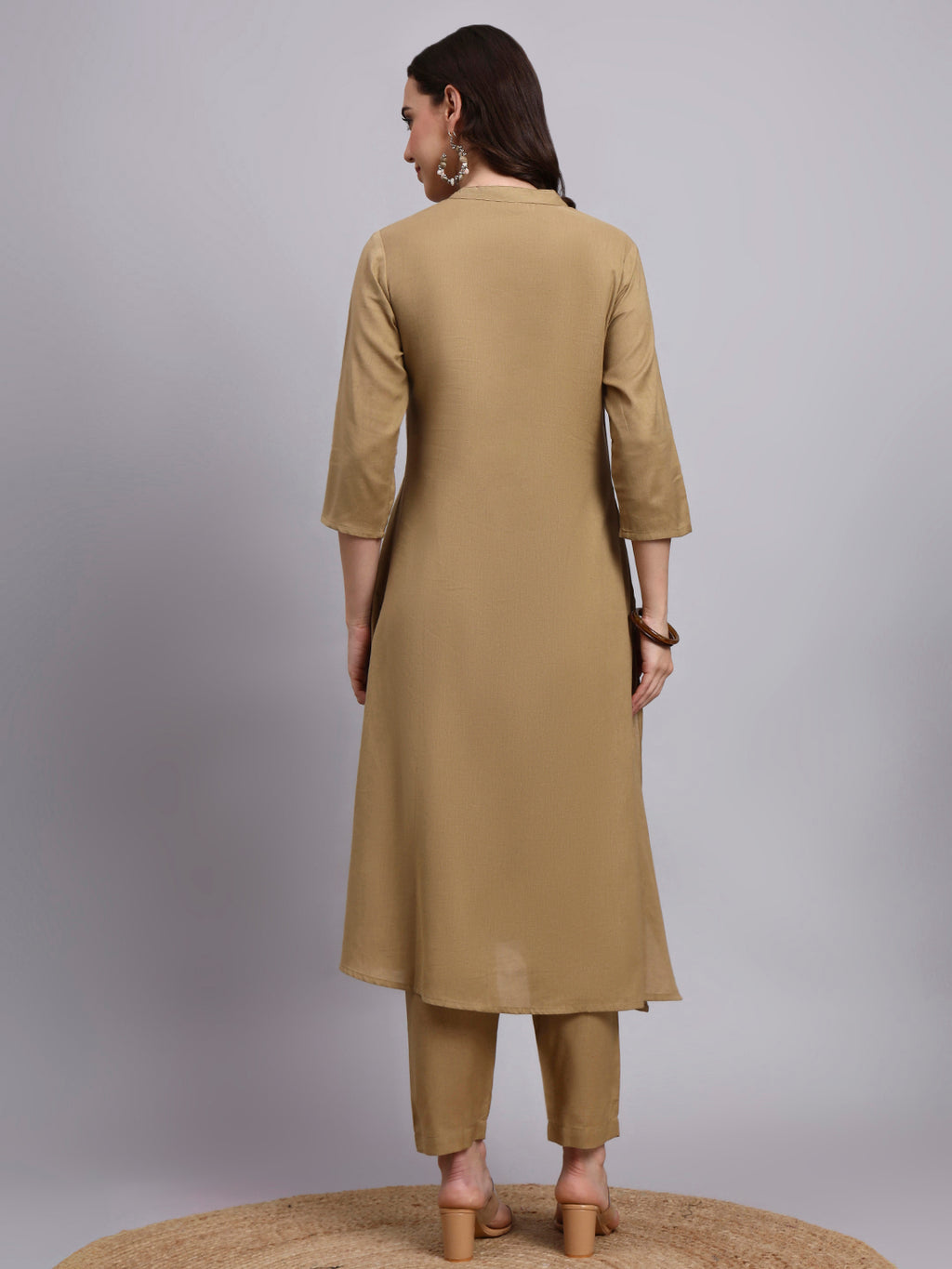 Women Khaki Plain Cotton flex Kurta pant set