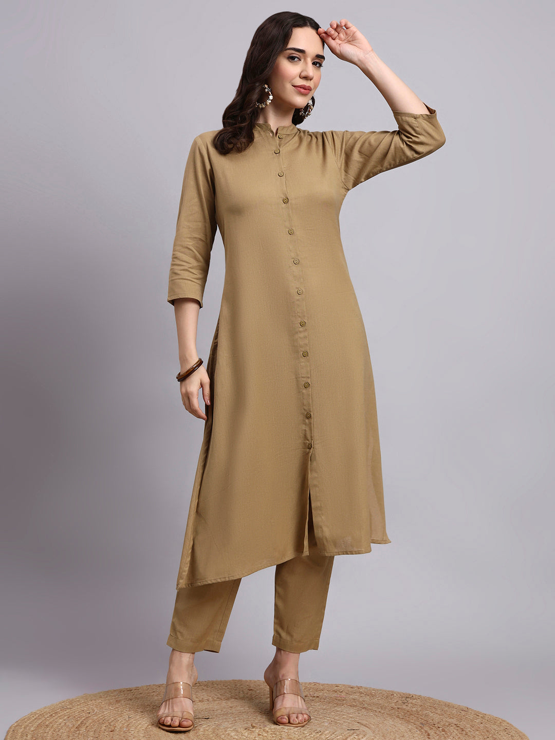 Women Khaki Plain Cotton flex Kurta pant set