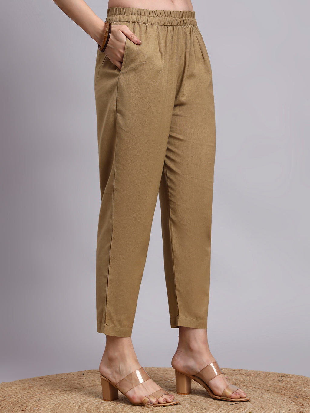 Women Khaki Plain Cotton flex Kurta pant set