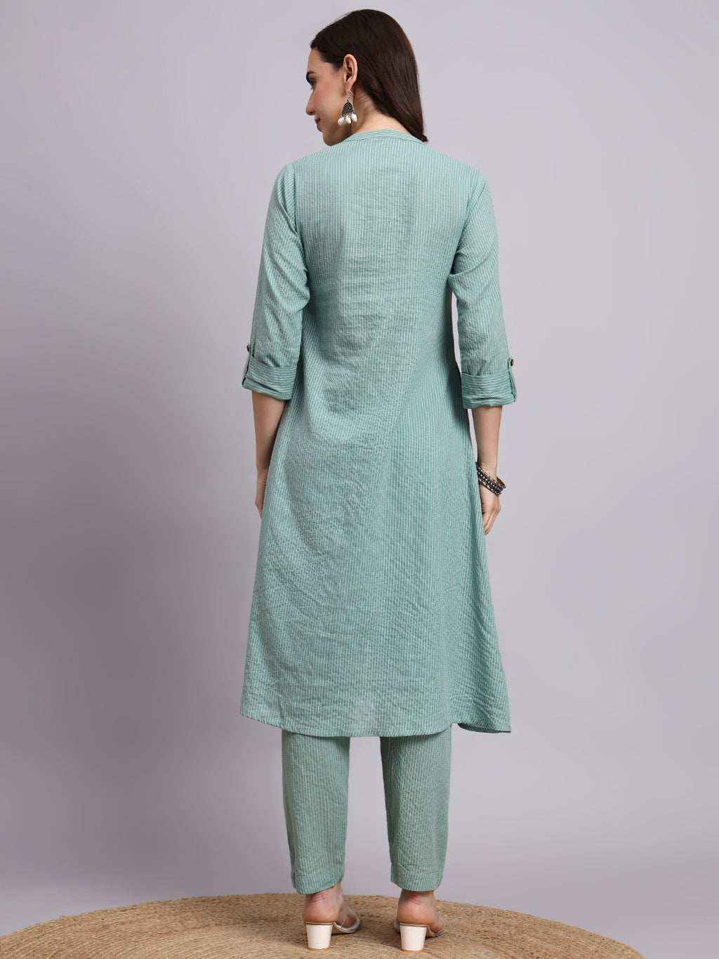Women Green Plain Cotton katha Kurta pant set