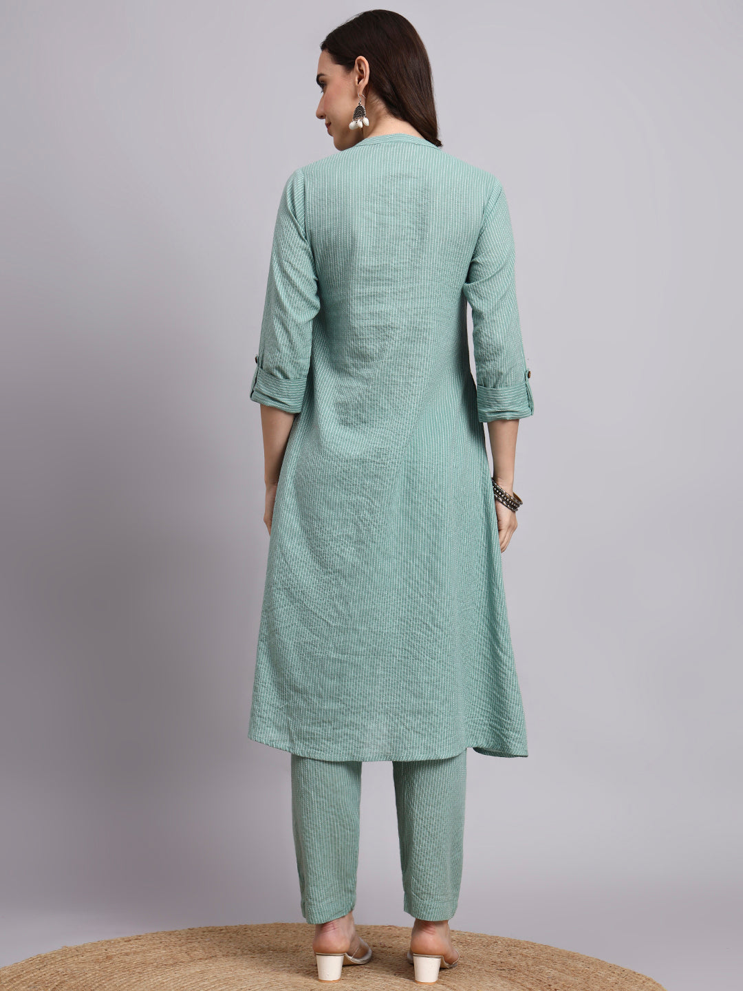 Women Green Plain Cotton katha Kurta pant set