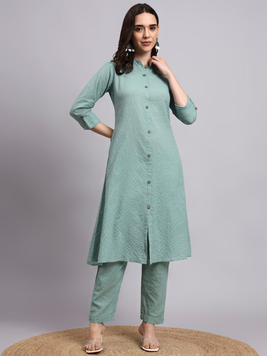 Women Green Plain Cotton katha Kurta pant set
