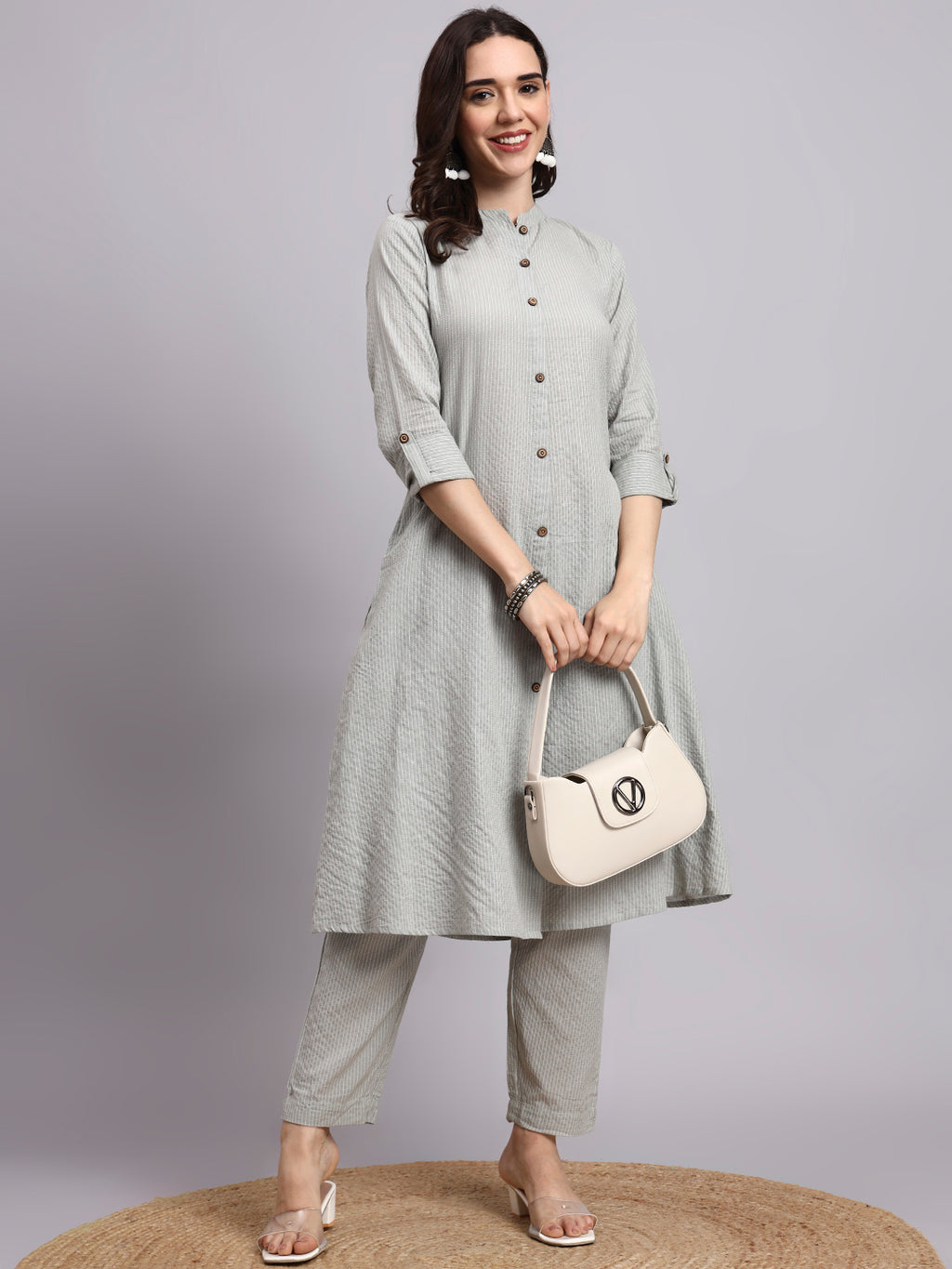 Women Grey Plain Cotton katha Kurta pant set