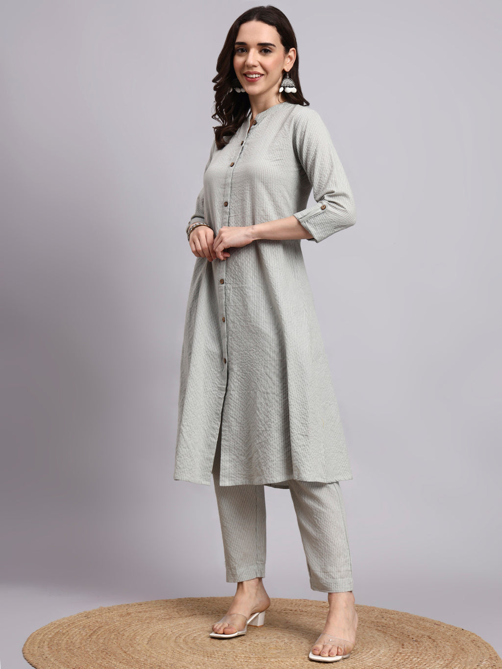 Women Grey Plain Cotton katha Kurta pant set