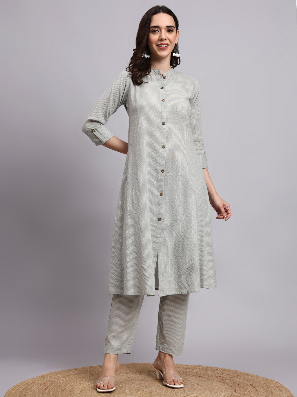 Women Grey Plain Cotton katha Kurta pant set