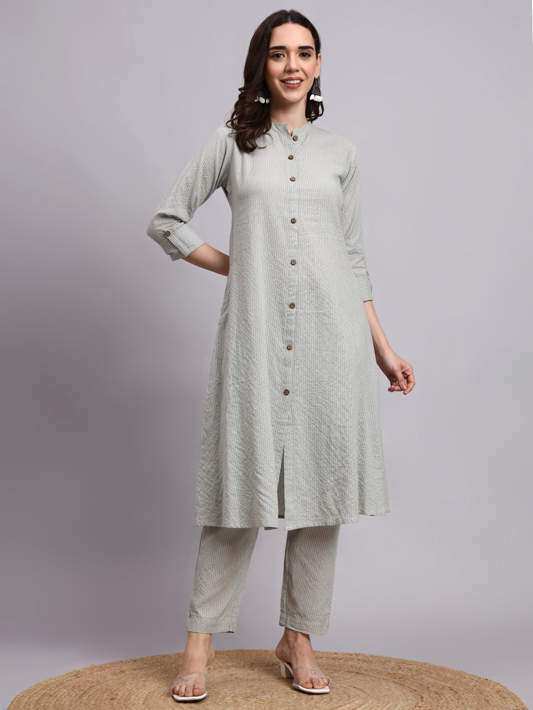 Women Grey Plain Cotton katha Kurta pant set