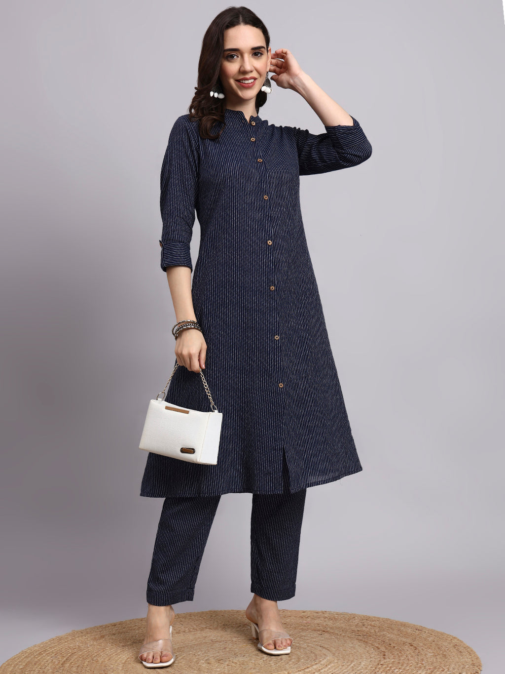 Women Navy Plain Cotton Katha Kurta pant set