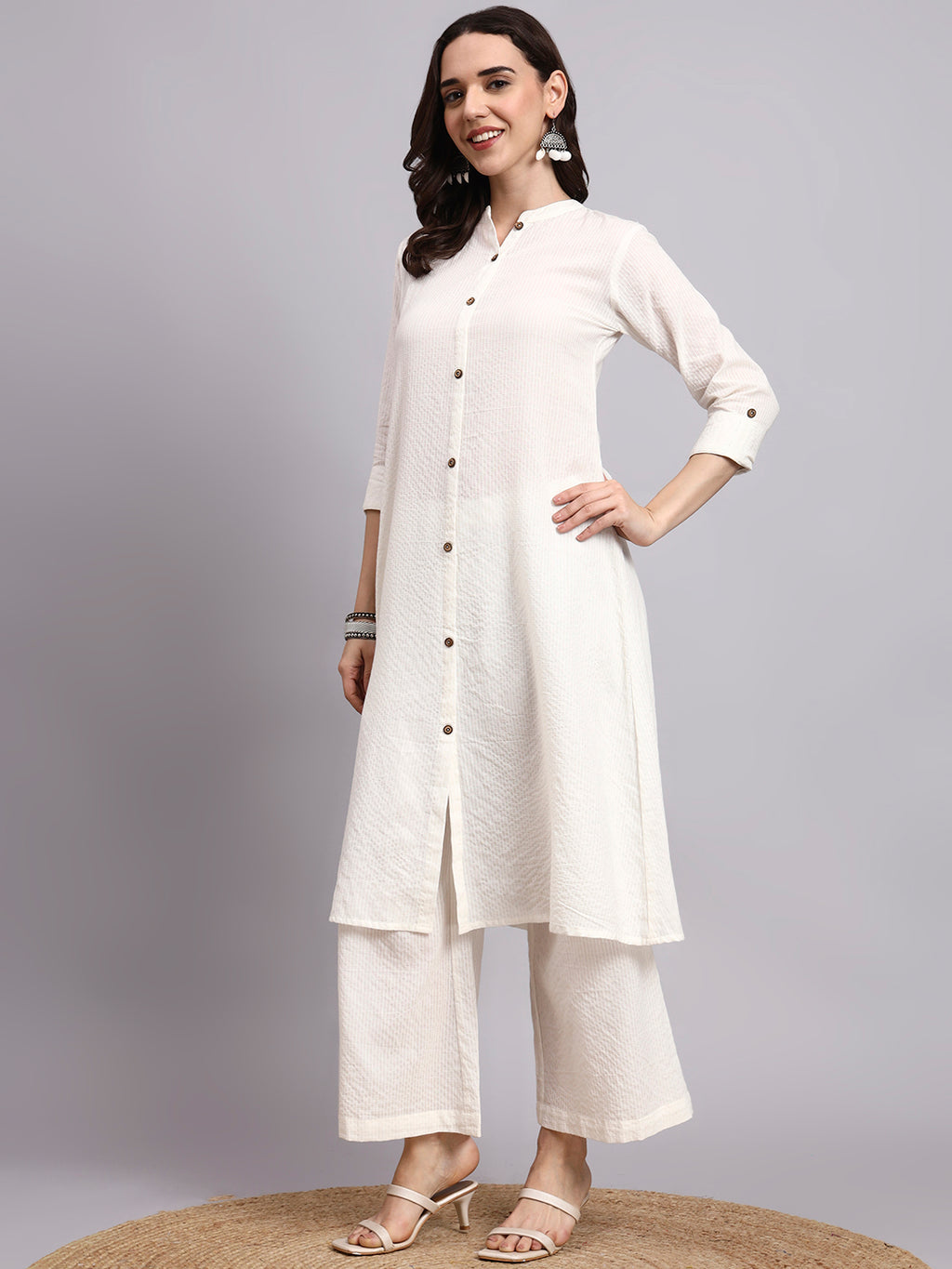 Women Cream Plain Cotton katha Kurta Plazoo Set