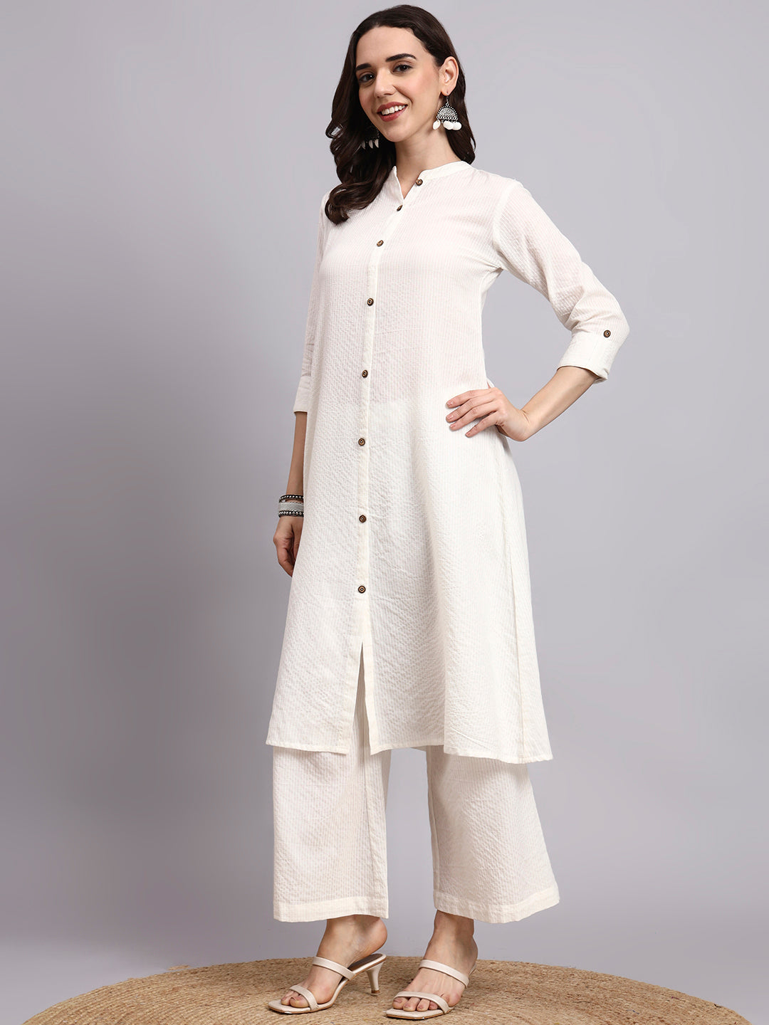 Women Cream Plain Cotton katha Kurta Plazoo Set