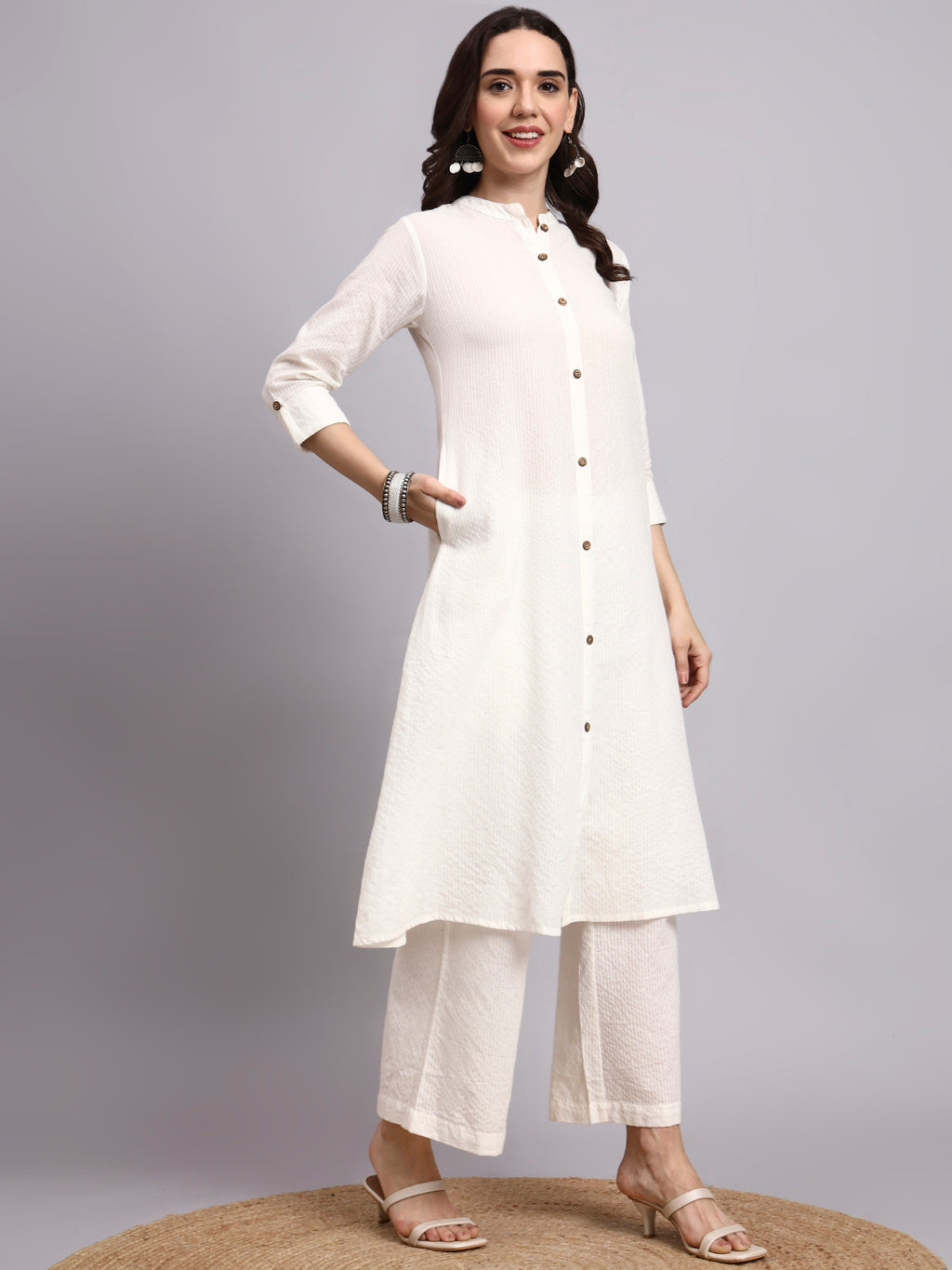 Women Cream Plain Cotton katha Kurta Plazoo Set