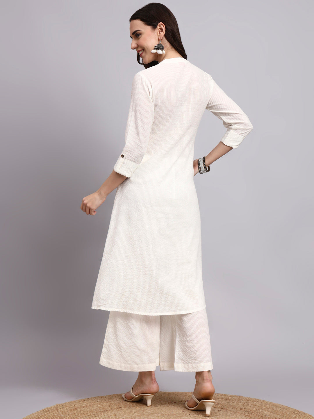 Women Cream Plain Cotton katha Kurta Plazoo Set