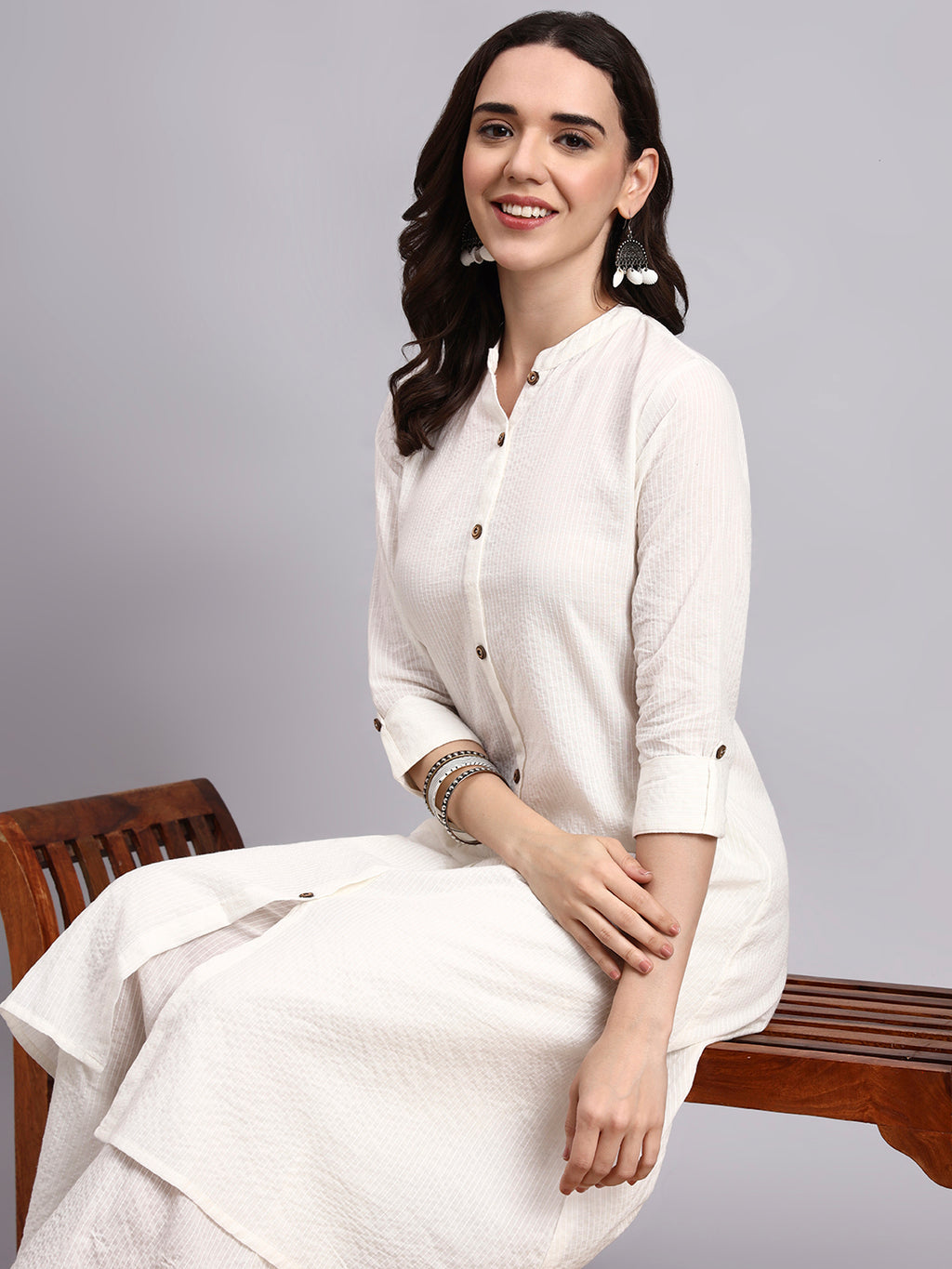Women Cream Plain Cotton katha Kurta Plazoo Set