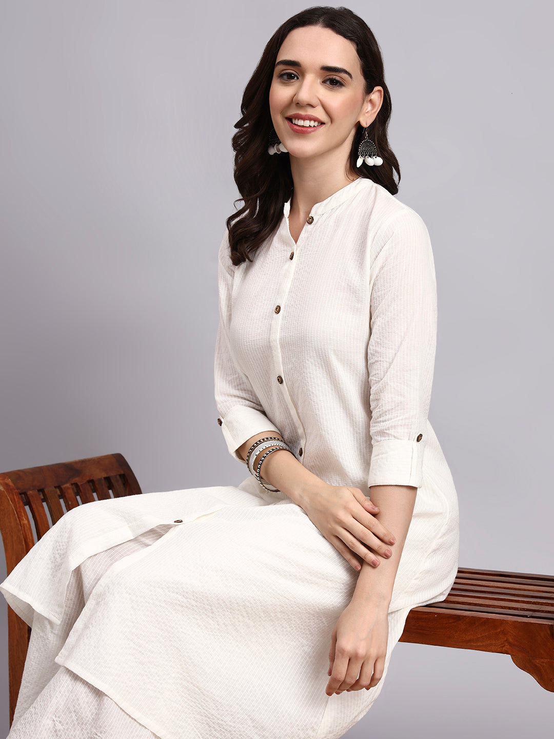 Women Cream Plain Cotton katha Kurta Plazoo Set