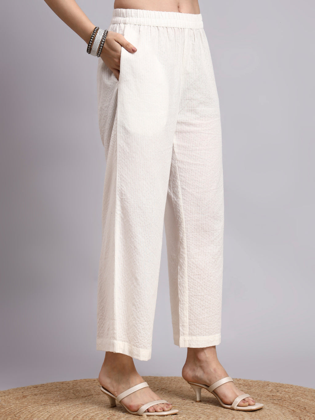 Women Cream Plain Cotton katha Kurta Plazoo Set