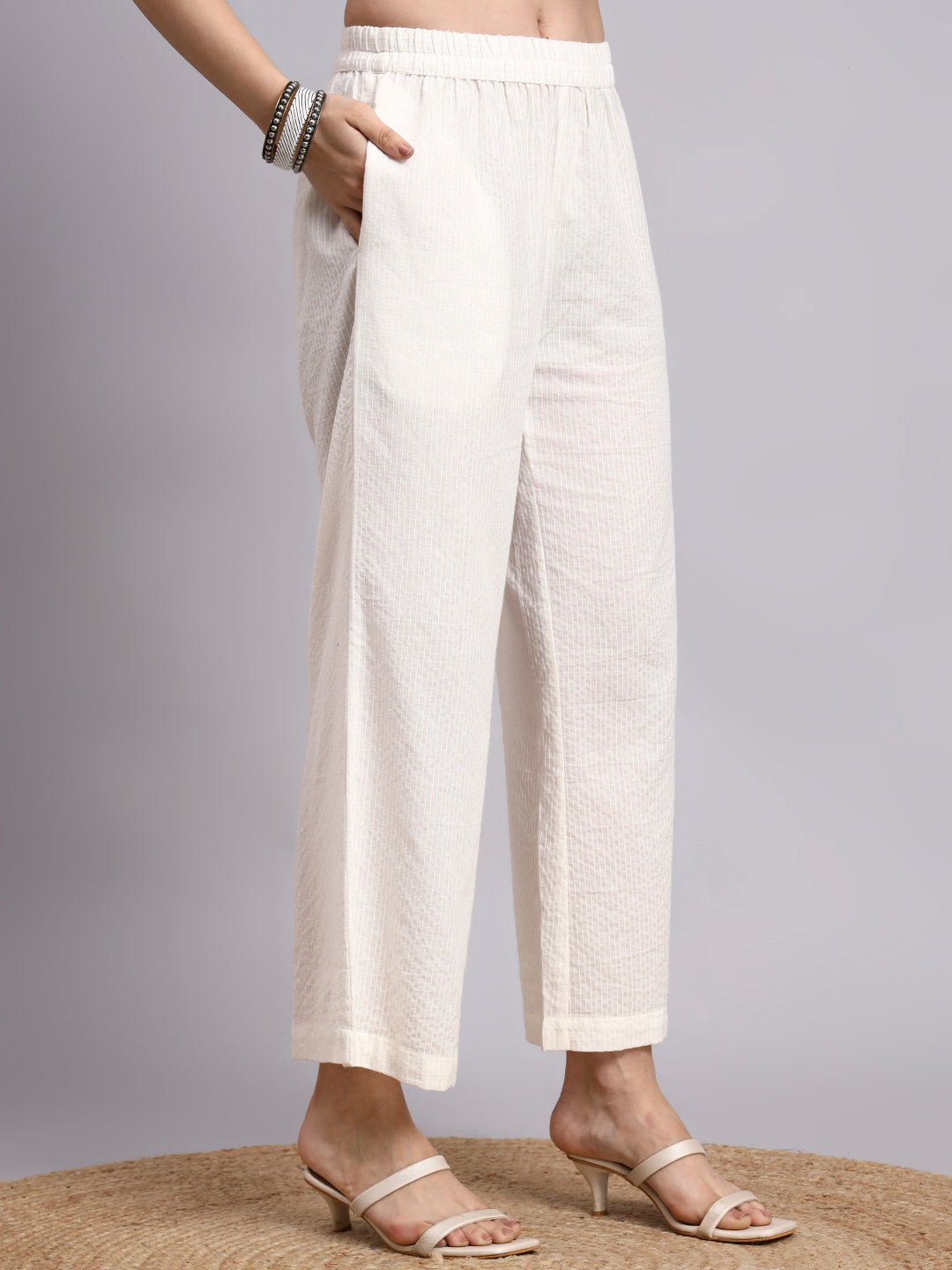 Women Cream Plain Cotton katha Kurta Plazoo Set