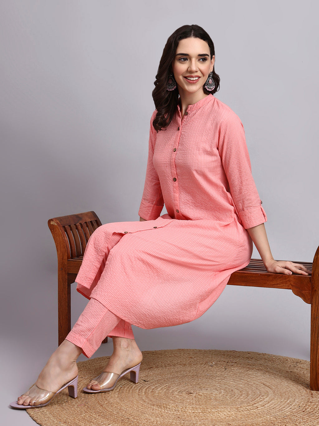 Women Pink Plain Cotton katha Kurta pant set