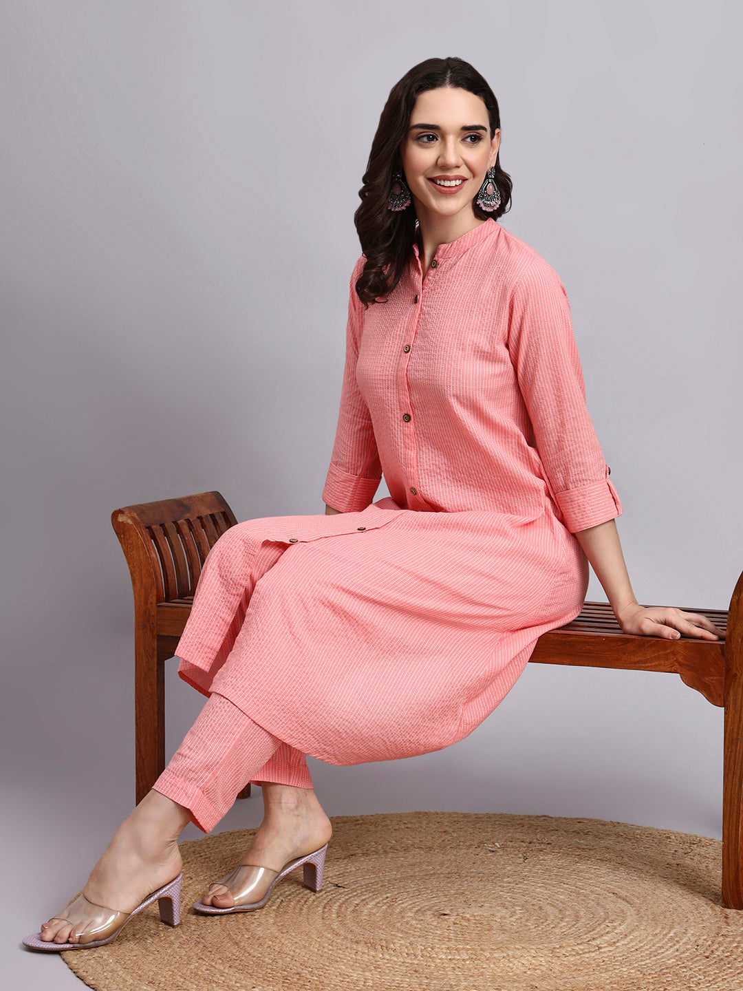 Women Pink Plain Cotton katha Kurta pant set