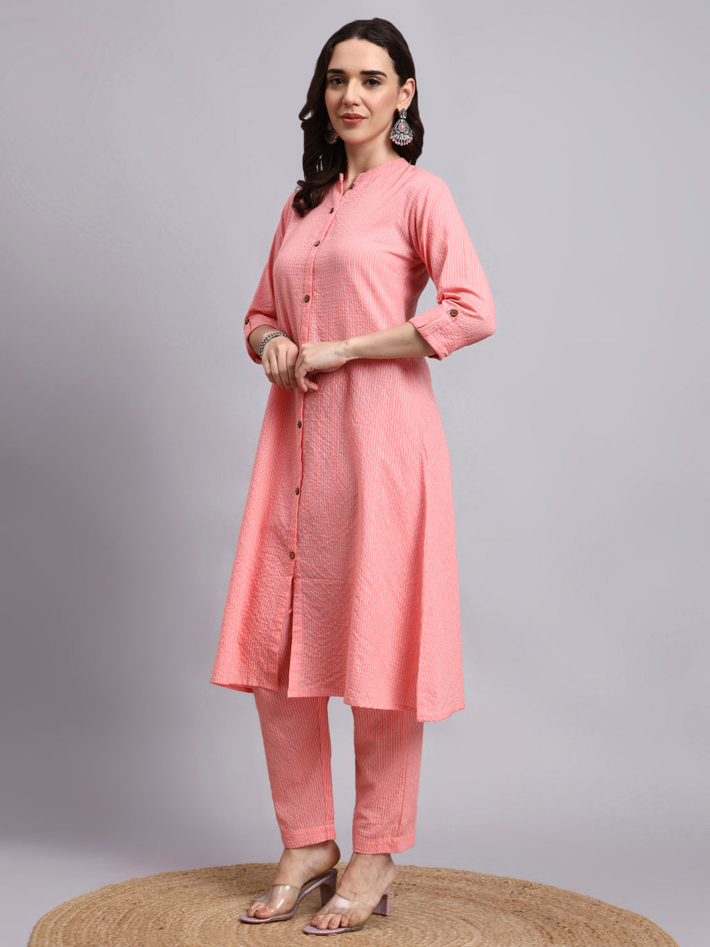 Women Pink Plain Cotton katha Kurta pant set