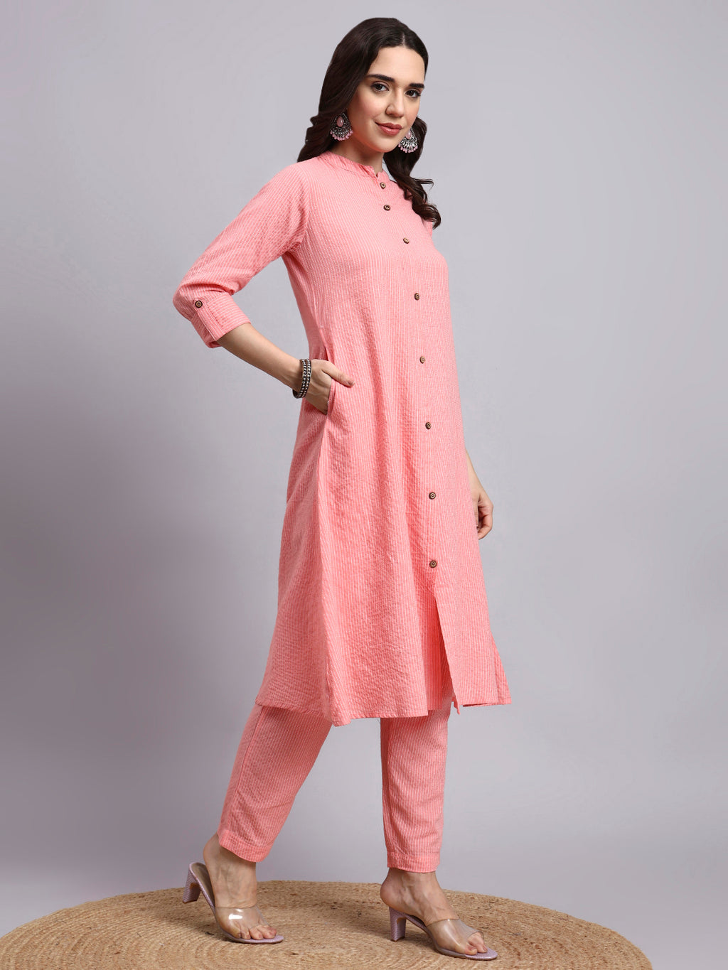 Women Pink Plain Cotton katha Kurta pant set