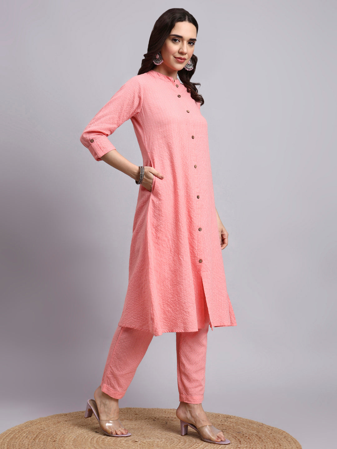 Women Pink Plain Cotton katha Kurta pant set