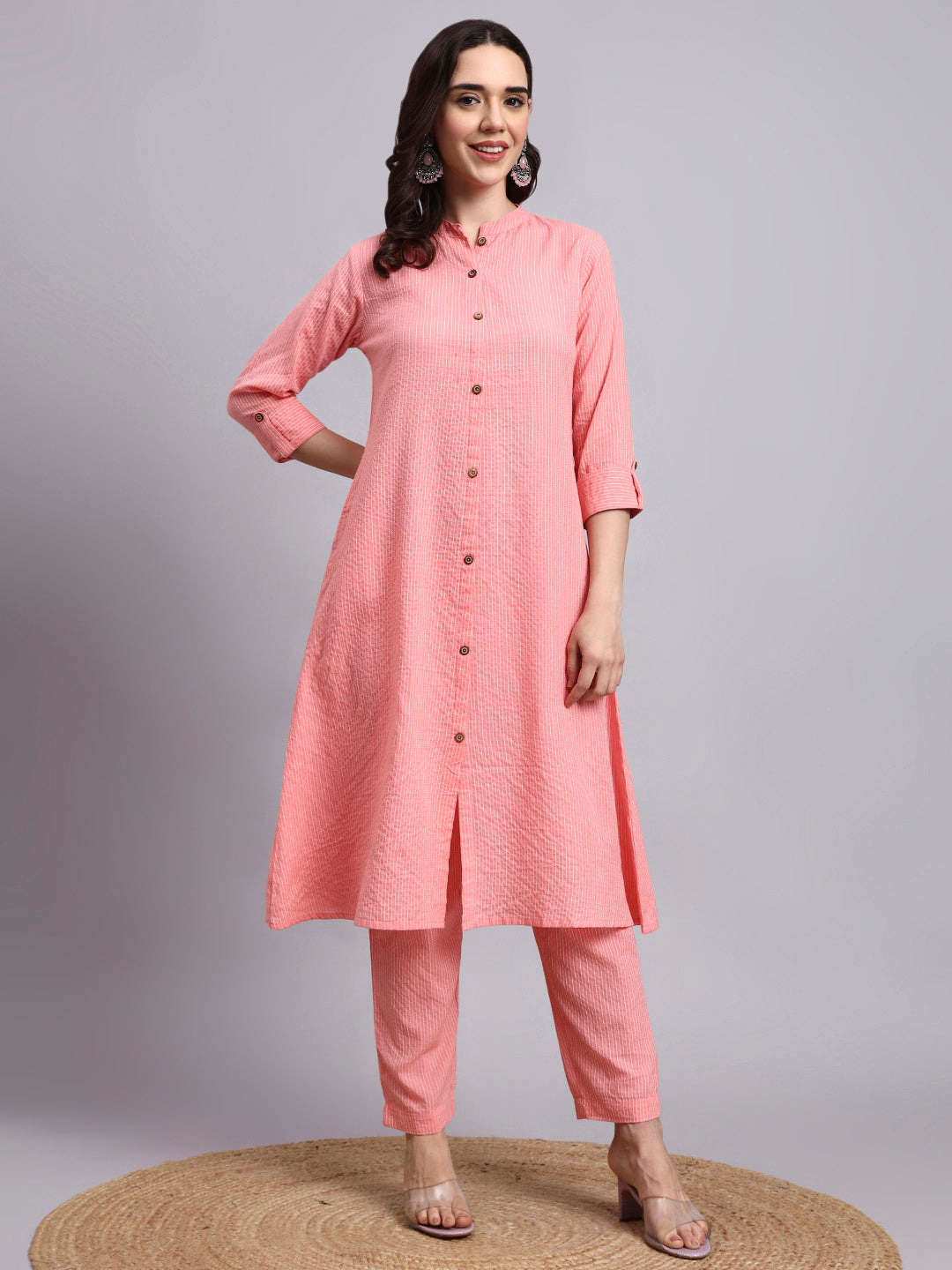 Women Pink Plain Cotton katha Kurta pant set