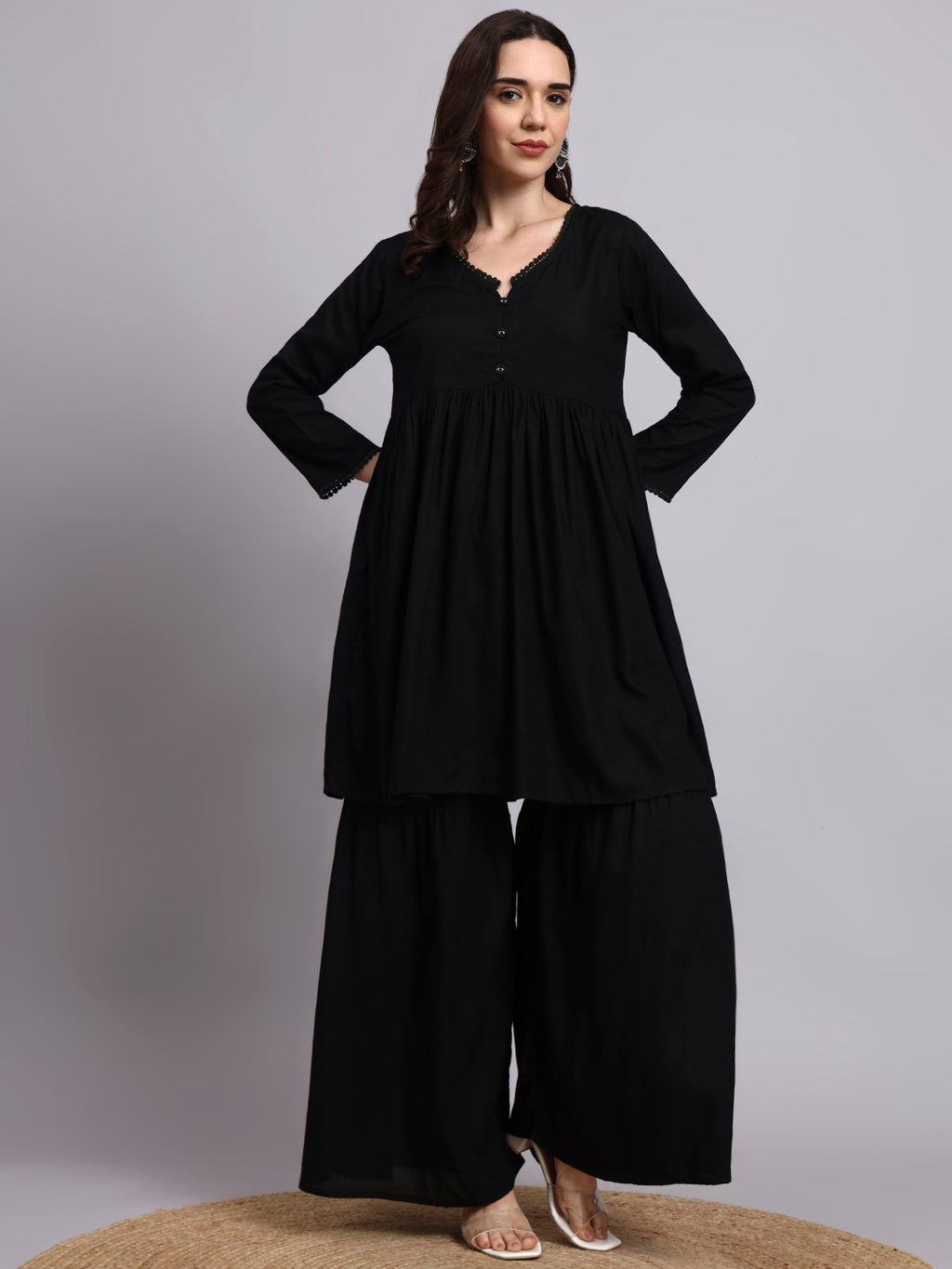 Women Black Printed Rayon Kurta Plazoo Set