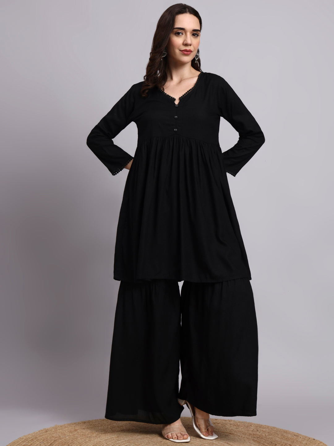Women Black Printed Rayon Kurta Plazoo Set
