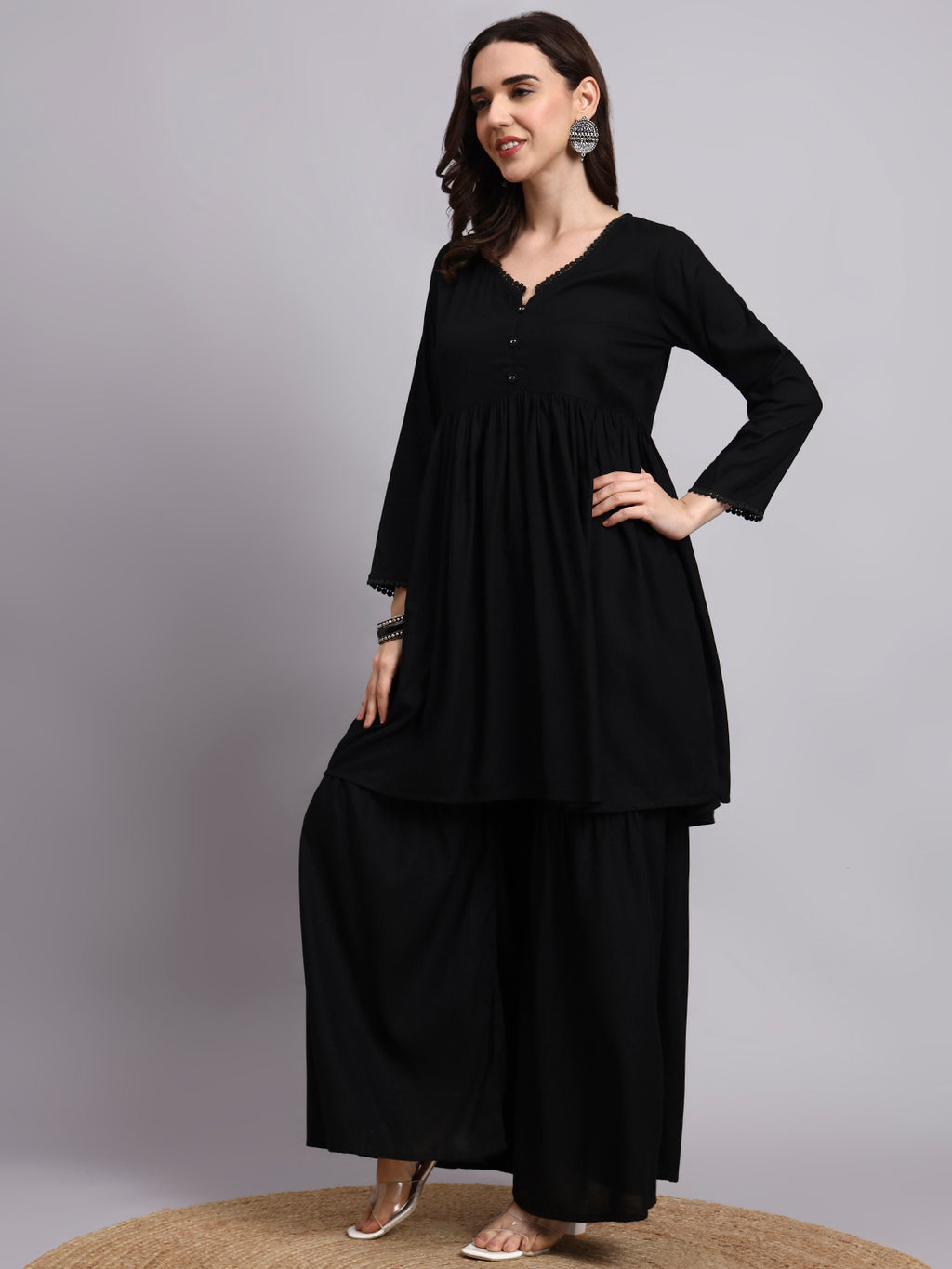 Women Black Printed Rayon Kurta Plazoo Set