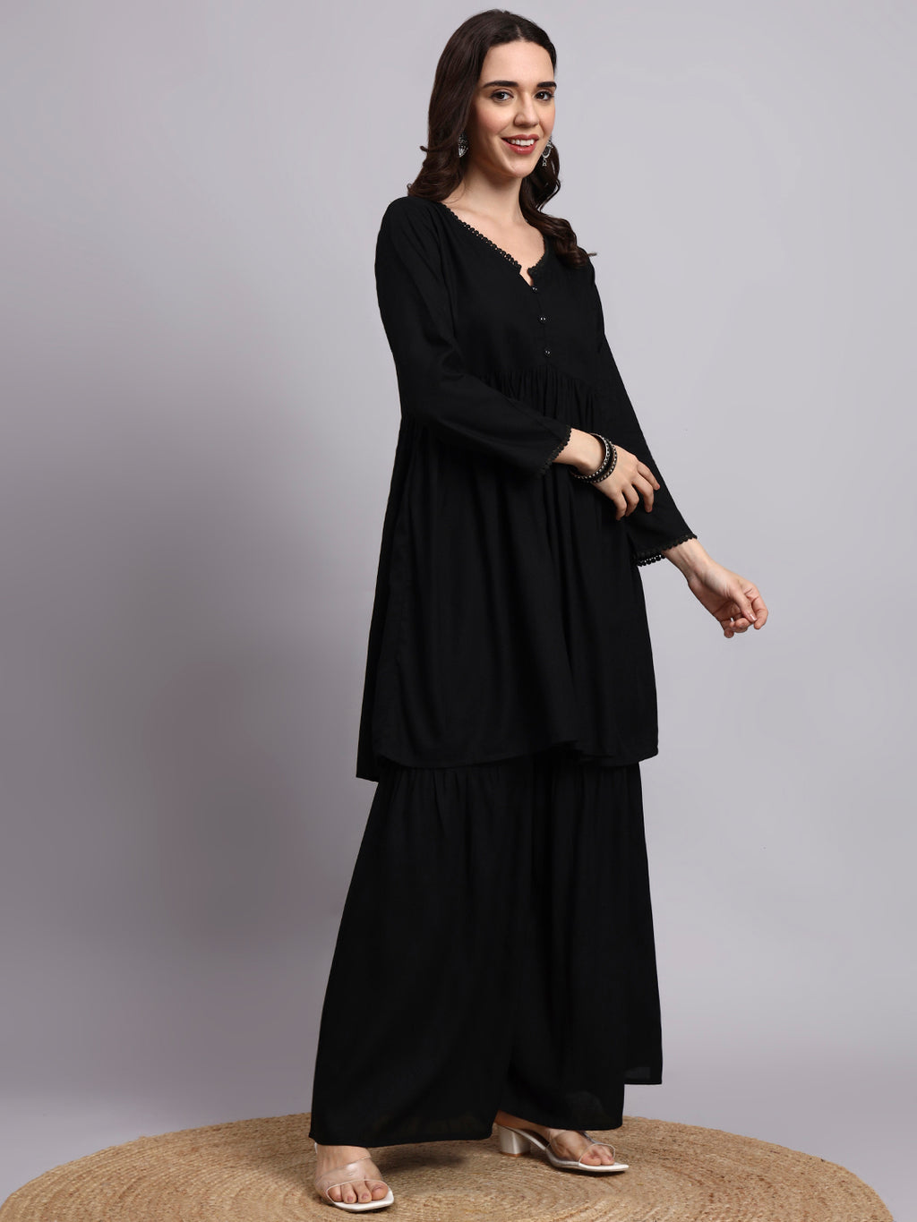 Women Black Printed Rayon Kurta Plazoo Set