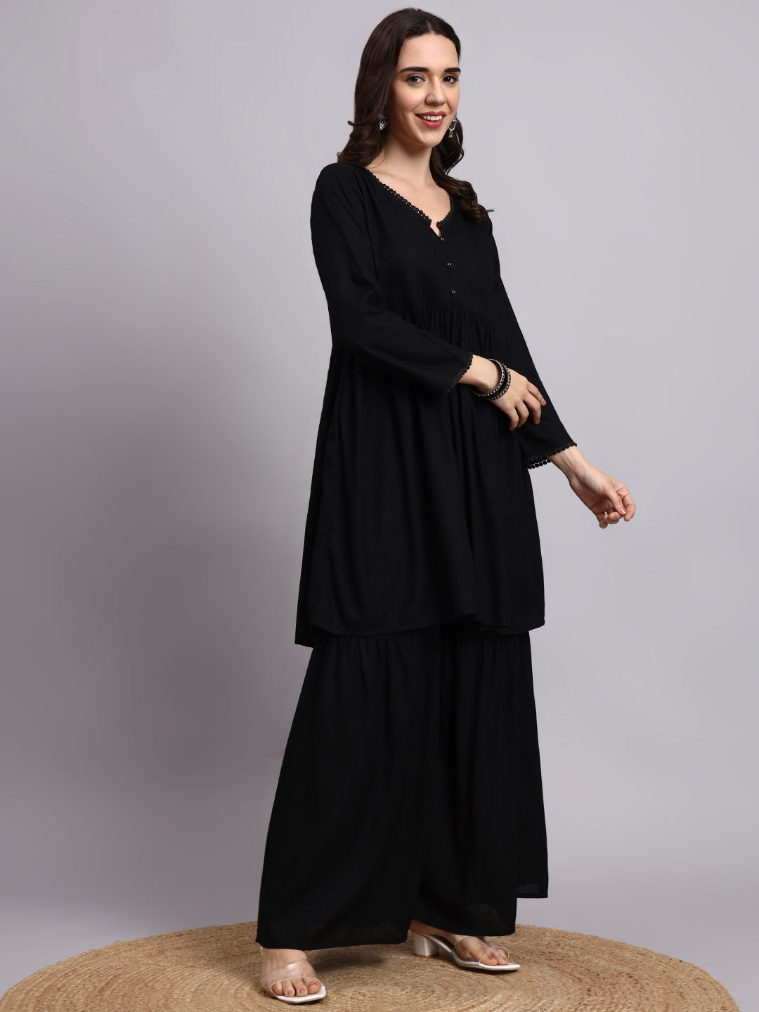 Women Black Printed Rayon Kurta Plazoo Set