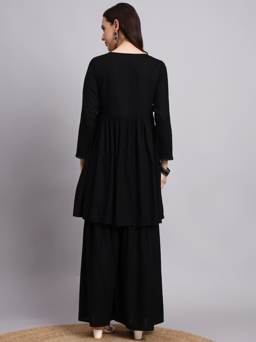 Women Black Printed Rayon Kurta Plazoo Set