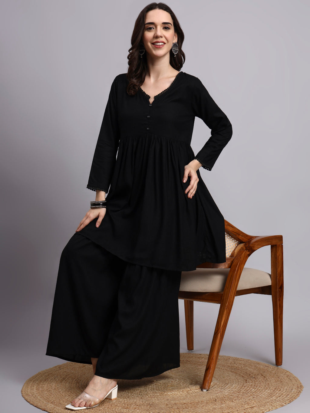 Women Black Printed Rayon Kurta Plazoo Set