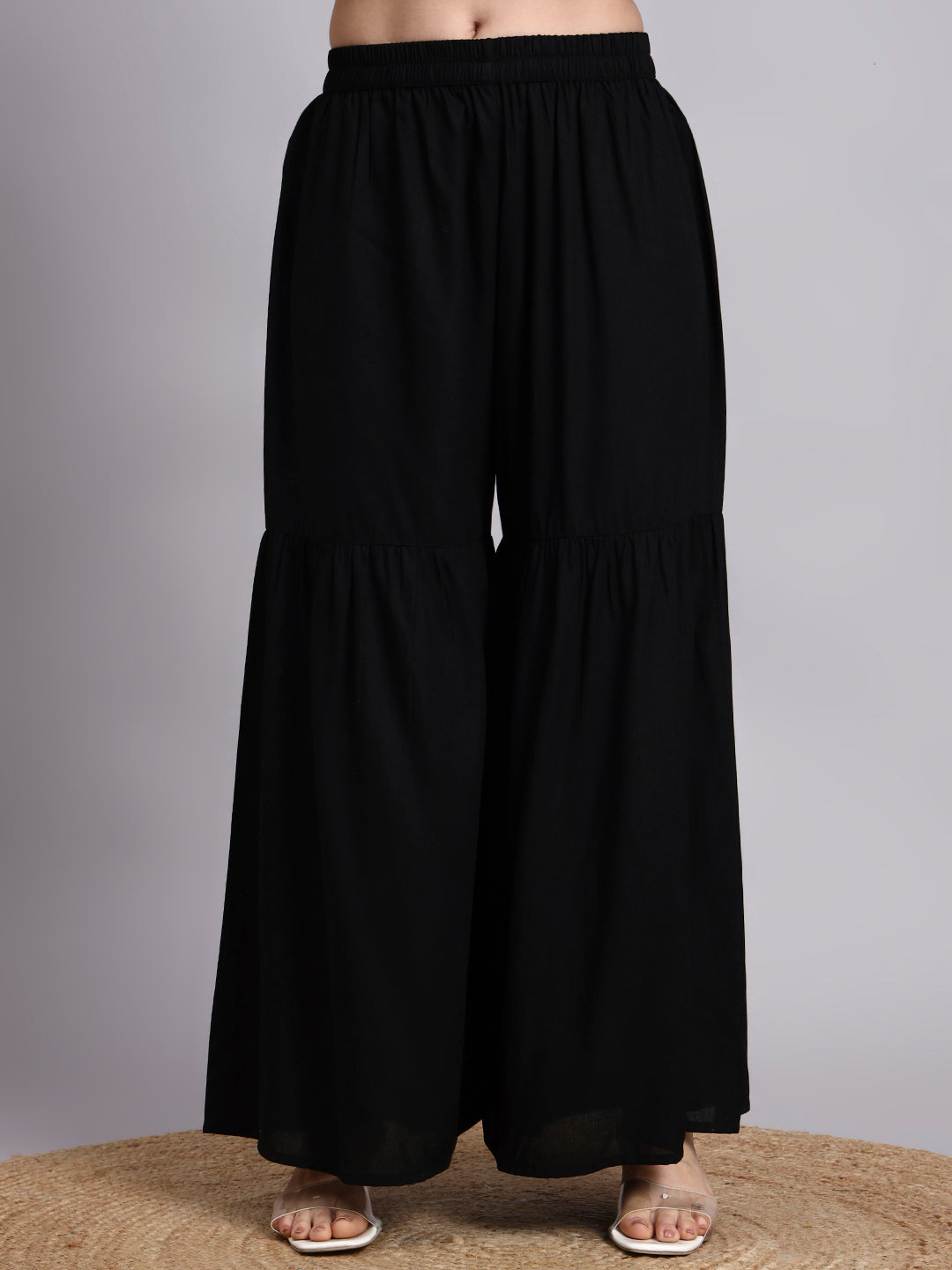 Women Black Printed Rayon Kurta Plazoo Set