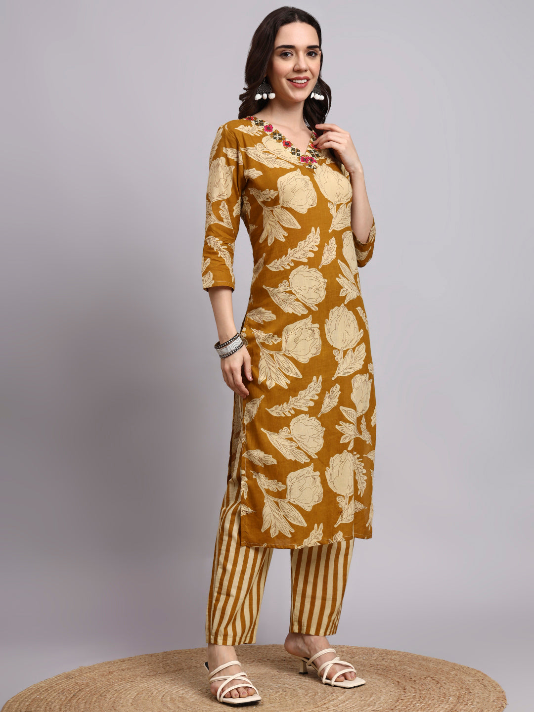 Women Mustard Printed Cotton kurta pant dupatta set