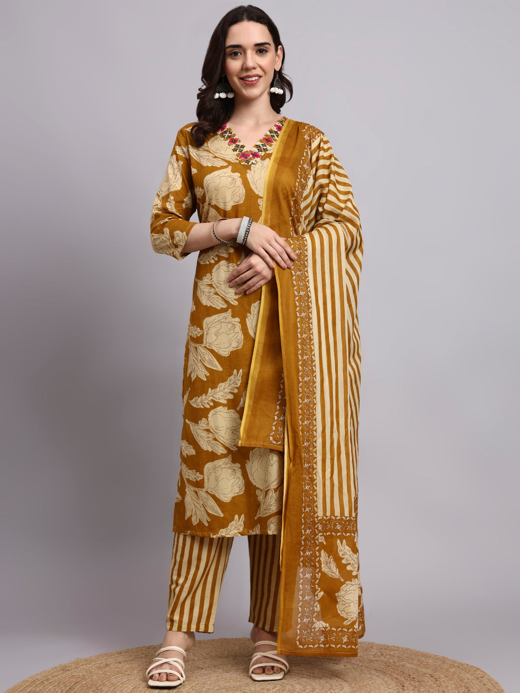 Women Mustard Printed Cotton kurta pant dupatta set