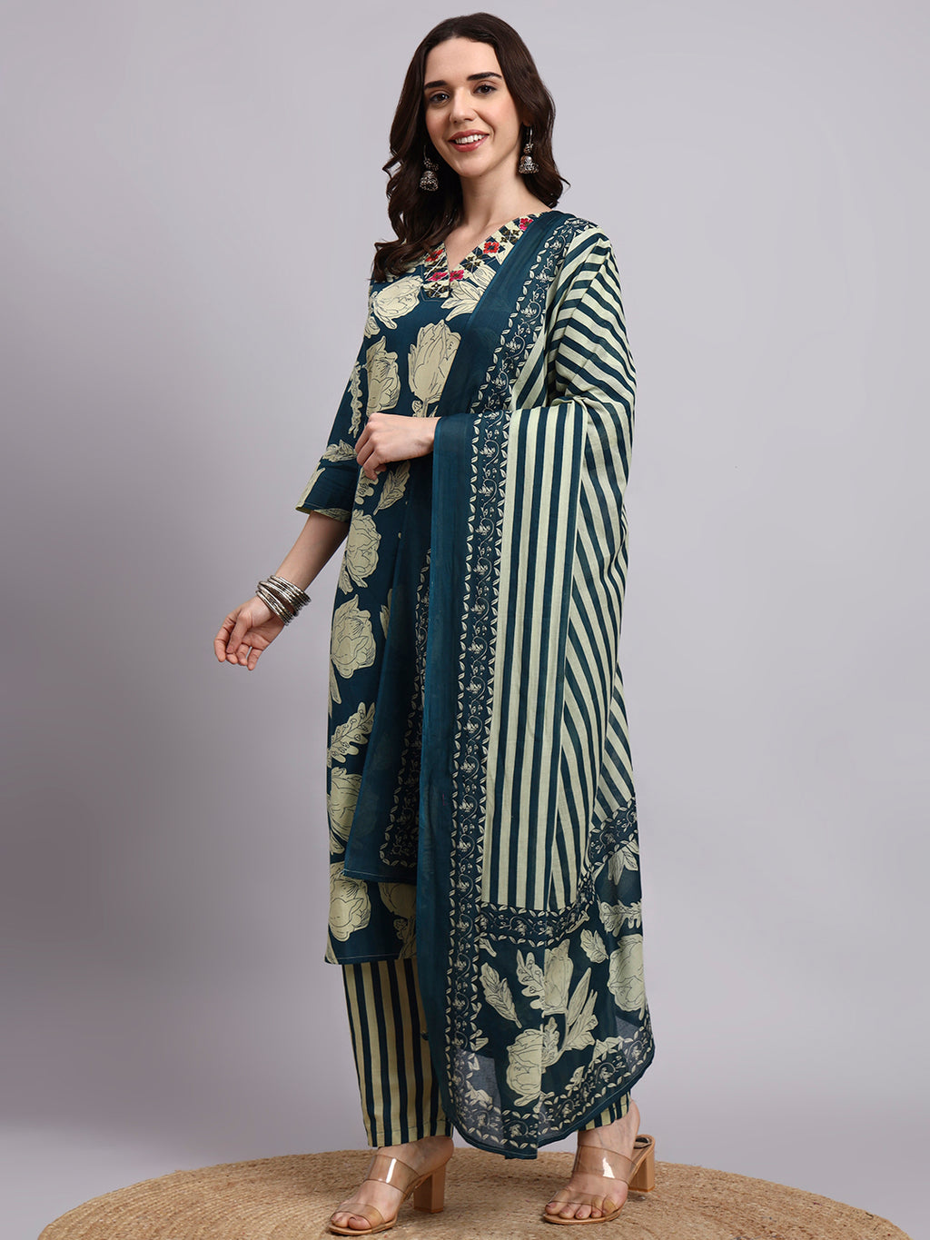 Women Blue Printed Cotton kurta pant dupatta set