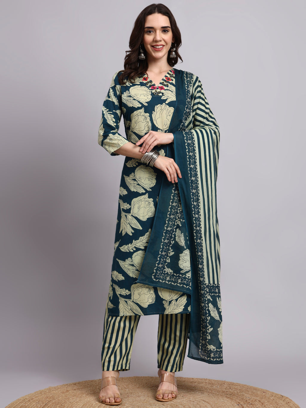 Women Blue Printed Cotton kurta pant dupatta set