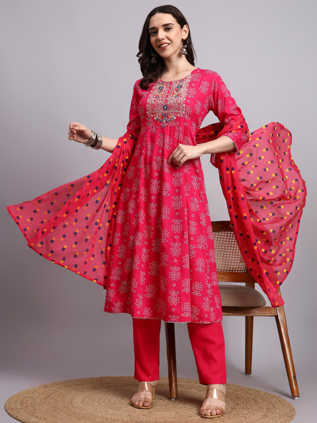 Women Pink Printed Cotton lurex kurta pant dupatta set