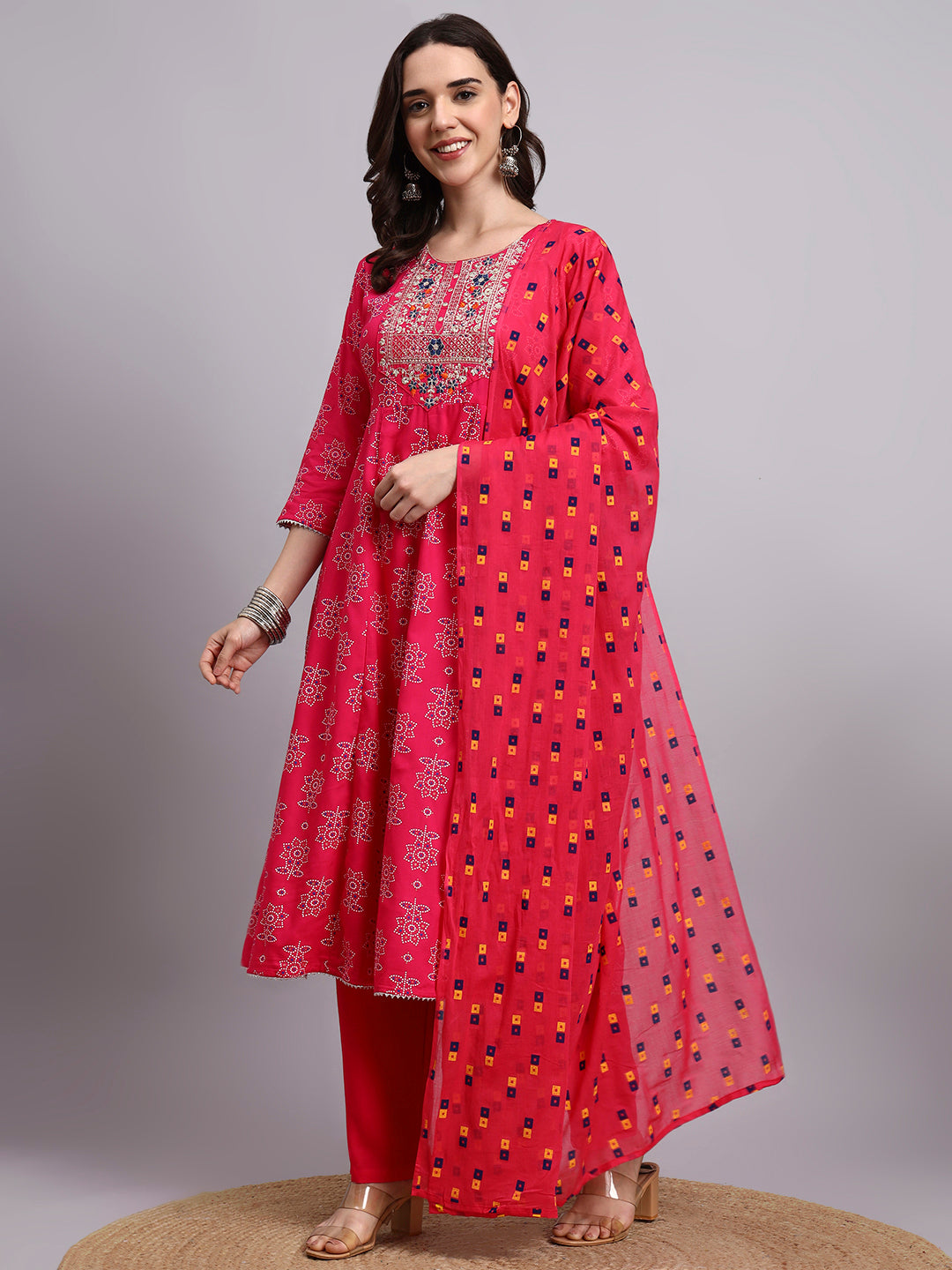 Women Pink Printed Cotton lurex kurta pant dupatta set