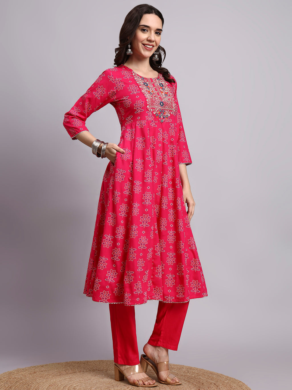 Women Pink Printed Cotton lurex kurta pant dupatta set