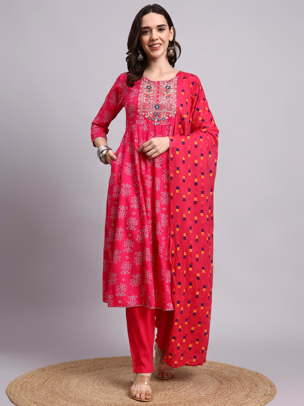 Women Pink Printed Cotton lurex kurta pant dupatta set