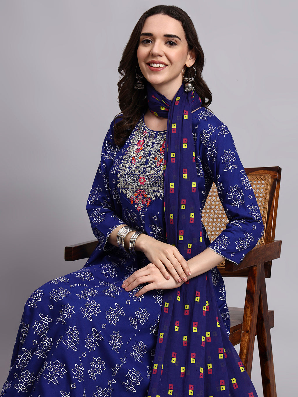 Women Blue Printed Cotton Katha kurta pant dupatta set