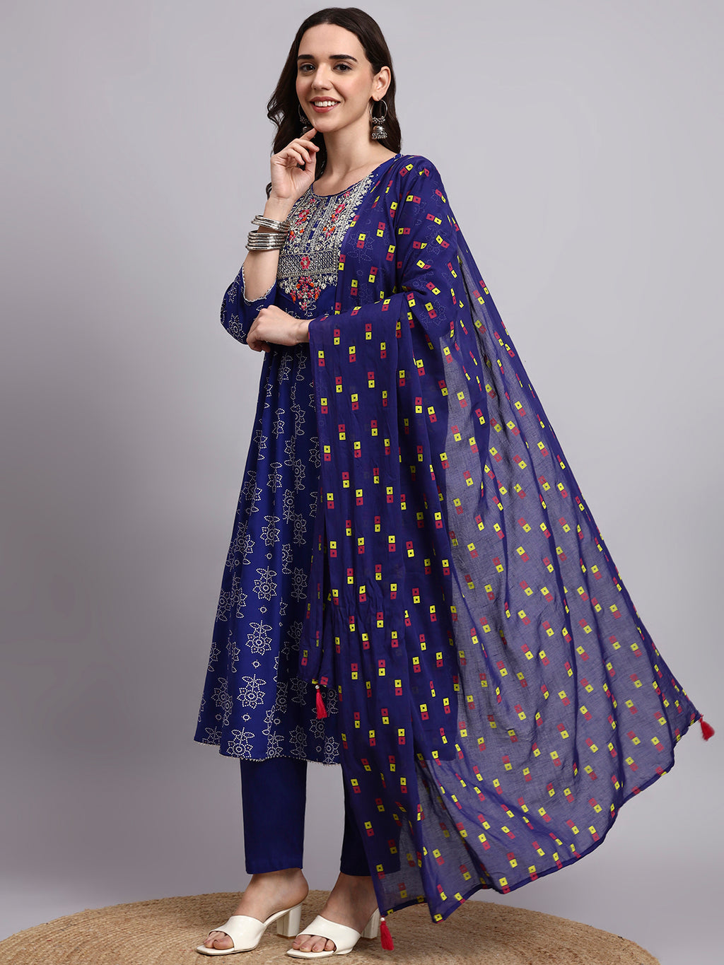 Women Blue Printed Cotton Katha kurta pant dupatta set