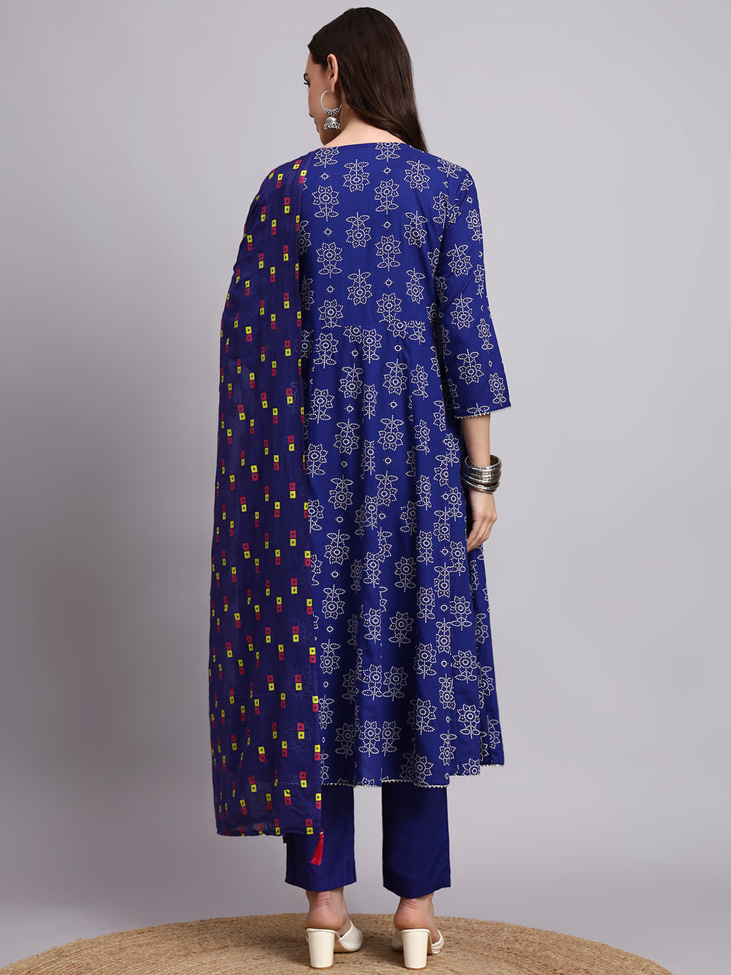 Women Blue Printed Cotton Katha kurta pant dupatta set