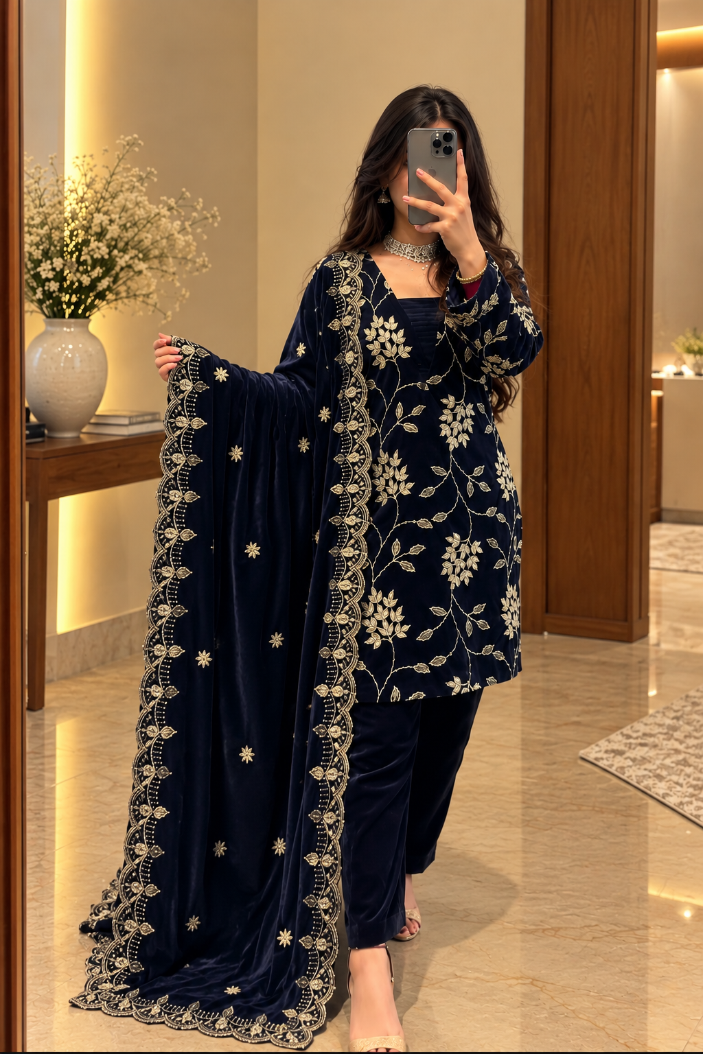 Women Blue VELVET EMBELLISHED Kurta Set with Bottom and Dupatta