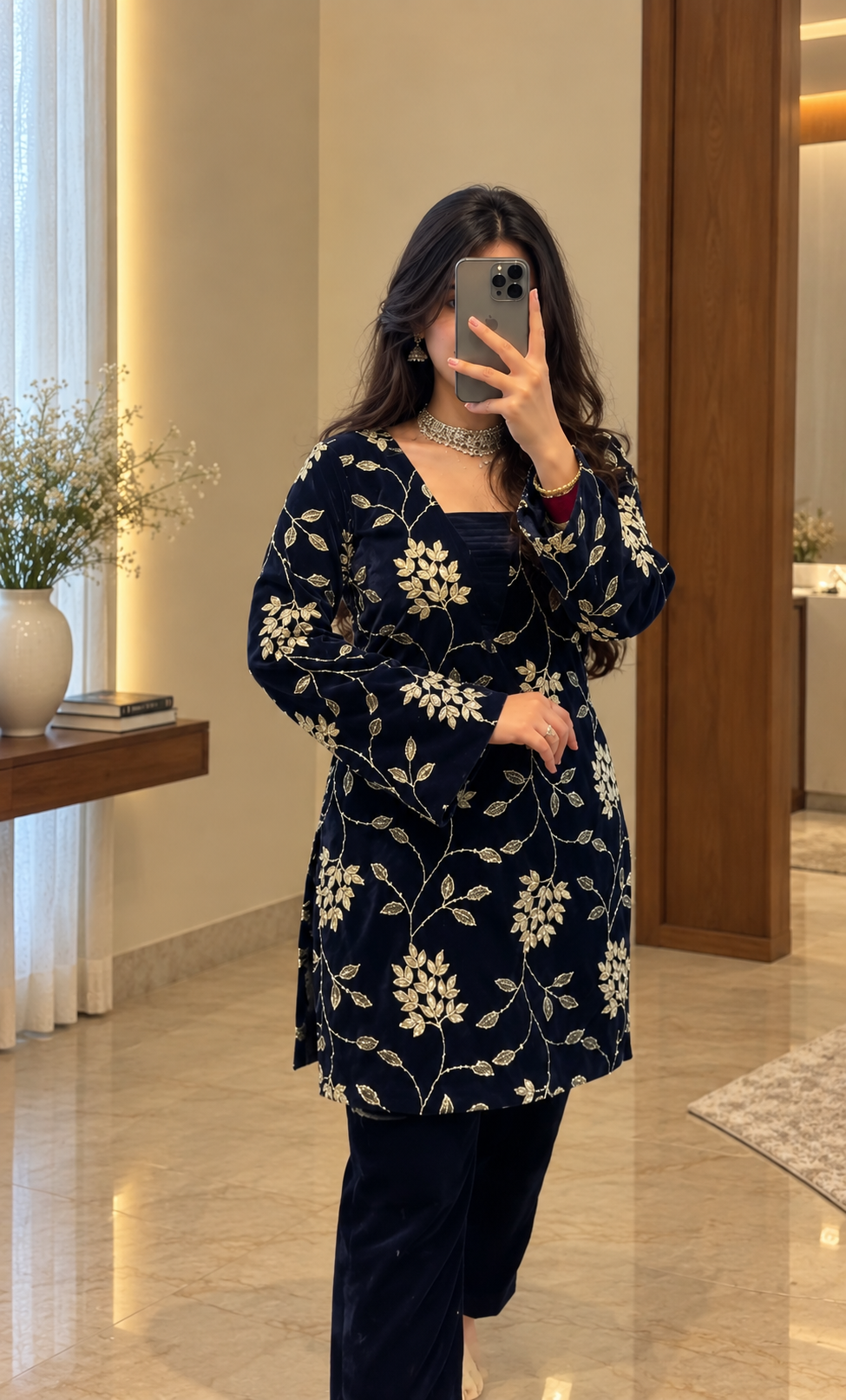 Women Blue VELVET EMBELLISHED Kurta Set with Bottom and Dupatta